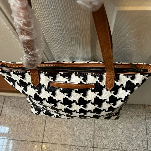 New: Thirty-One Black & White Houndstooth Tote Bag with Tan Handles - Picture 4 of 7